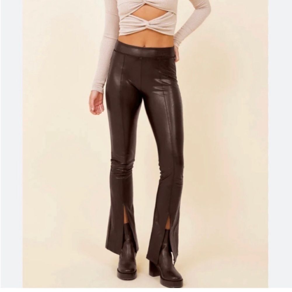 Vintage Havana Stretch Split Hem Flare Pants Faux Leather Chocolate- Size Small